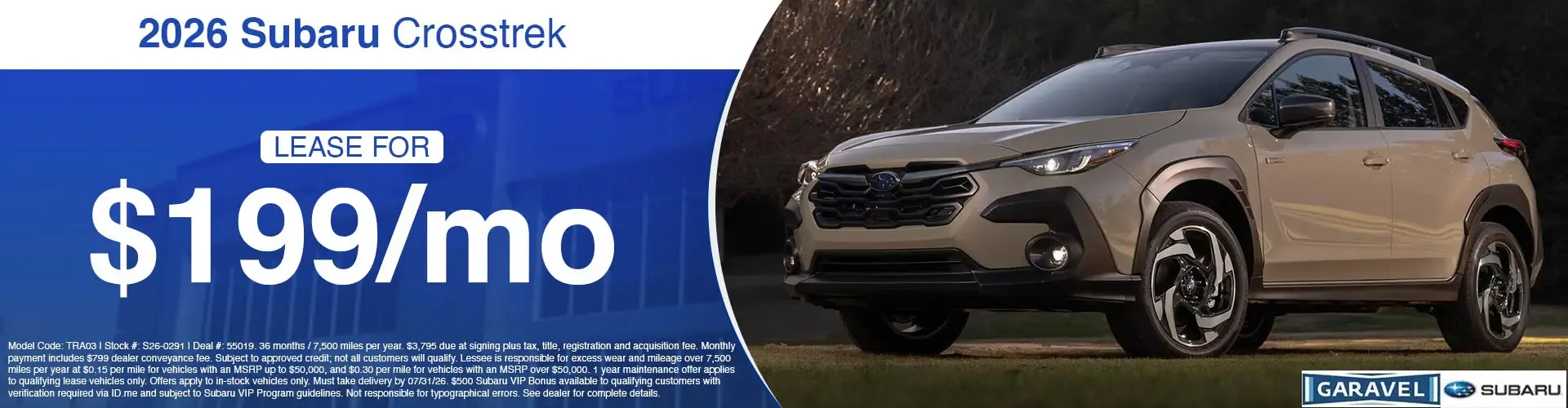 Lease a 2026 Subaru Crosstrek for 185 dollars per month at Garavel Subaru